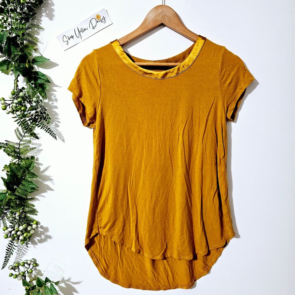 Mustard Yellow Satin Trim High Low Short Sleeve Top Earthy Minimalist